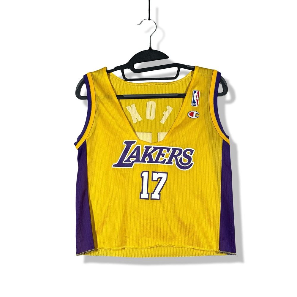 Custom Champion Lakers Rick Fox 17 Jersey Women M Yellow Sporty Streetwear Y2K